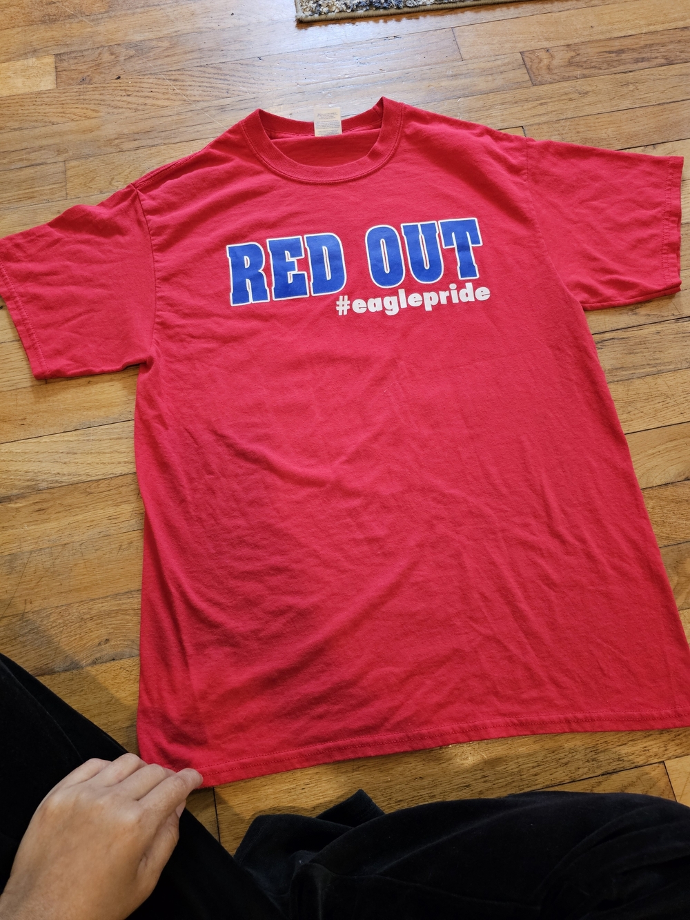Red Short-Sleeve Graphic Tee with Blue Lettering - Women’s